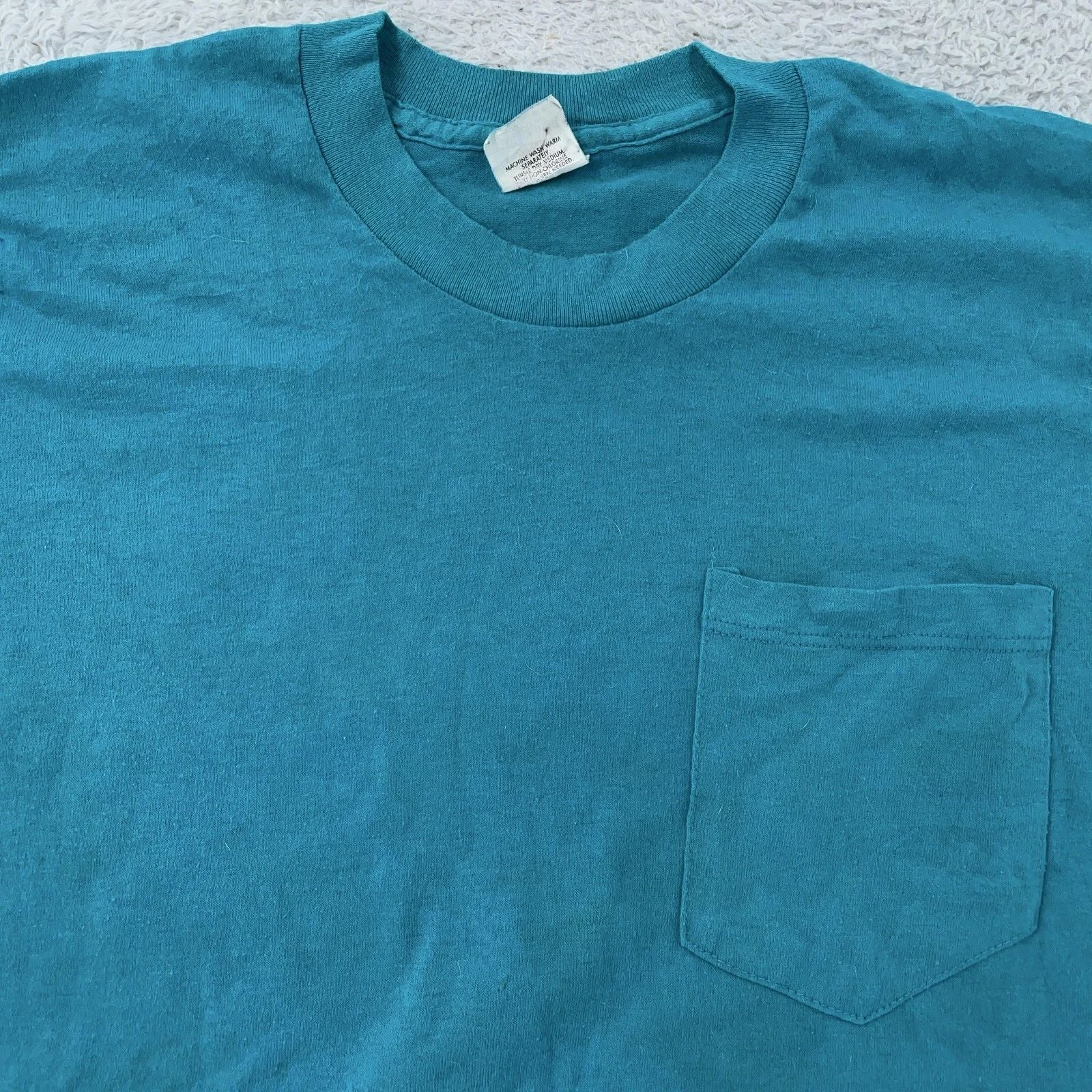 Vintage 90s Blank Pocket Shirt Mens XS Teal Blue Made in USA 50/50 Crewneck Tee