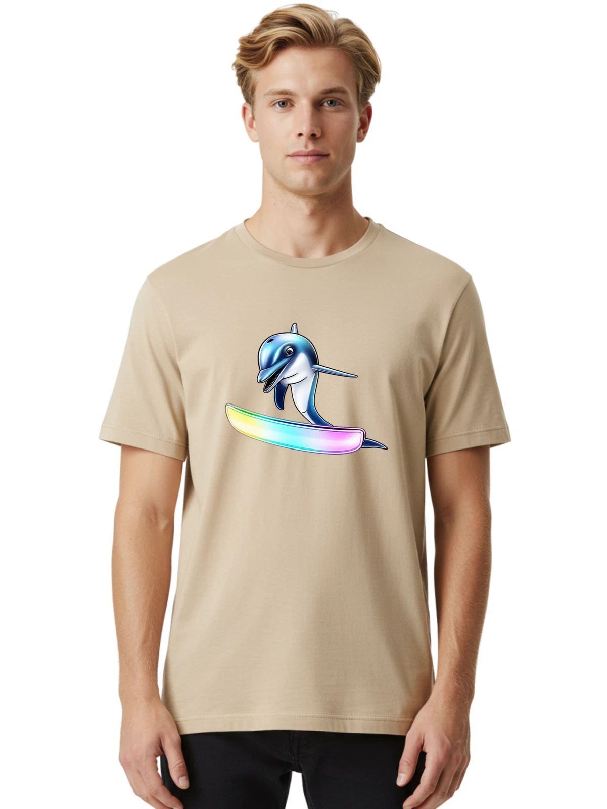 Dolphin-Surfing-1 Mens Graphic Tee, 100% Cotton, Casual Summer Wear