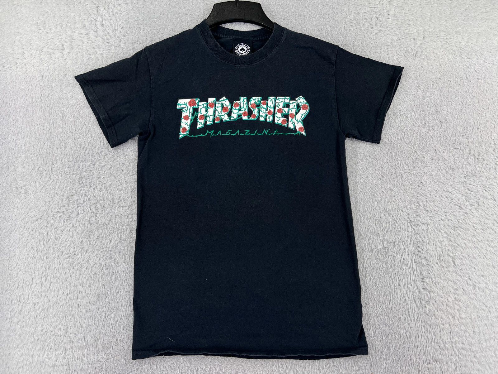 Thrasher Shirt Mens Small Black Skate Beach Rose Vines Logo Retro 100% Cotton