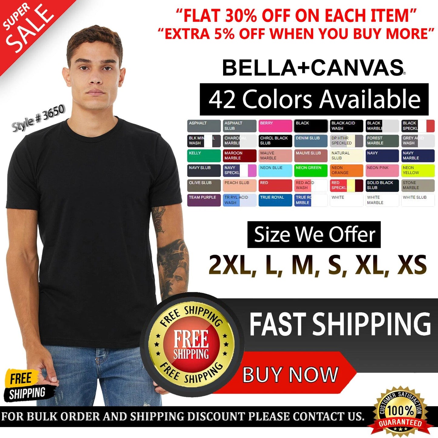 Bella + Canvas Unisex Poly-Cotton Short-Sleeve T-Shirt 3650 Retail Fit Top Tee