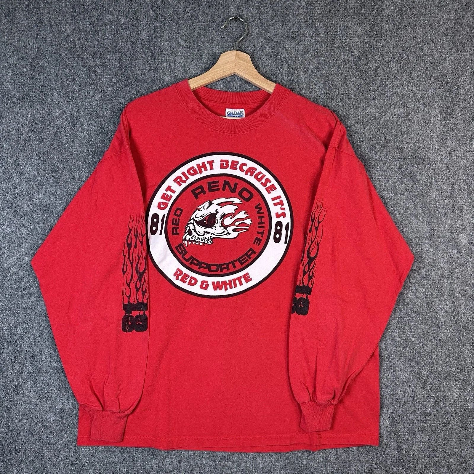 Vintage Hell’s Angels 81 Flames Long Sleeve Shirt Support Red & White Reno XL