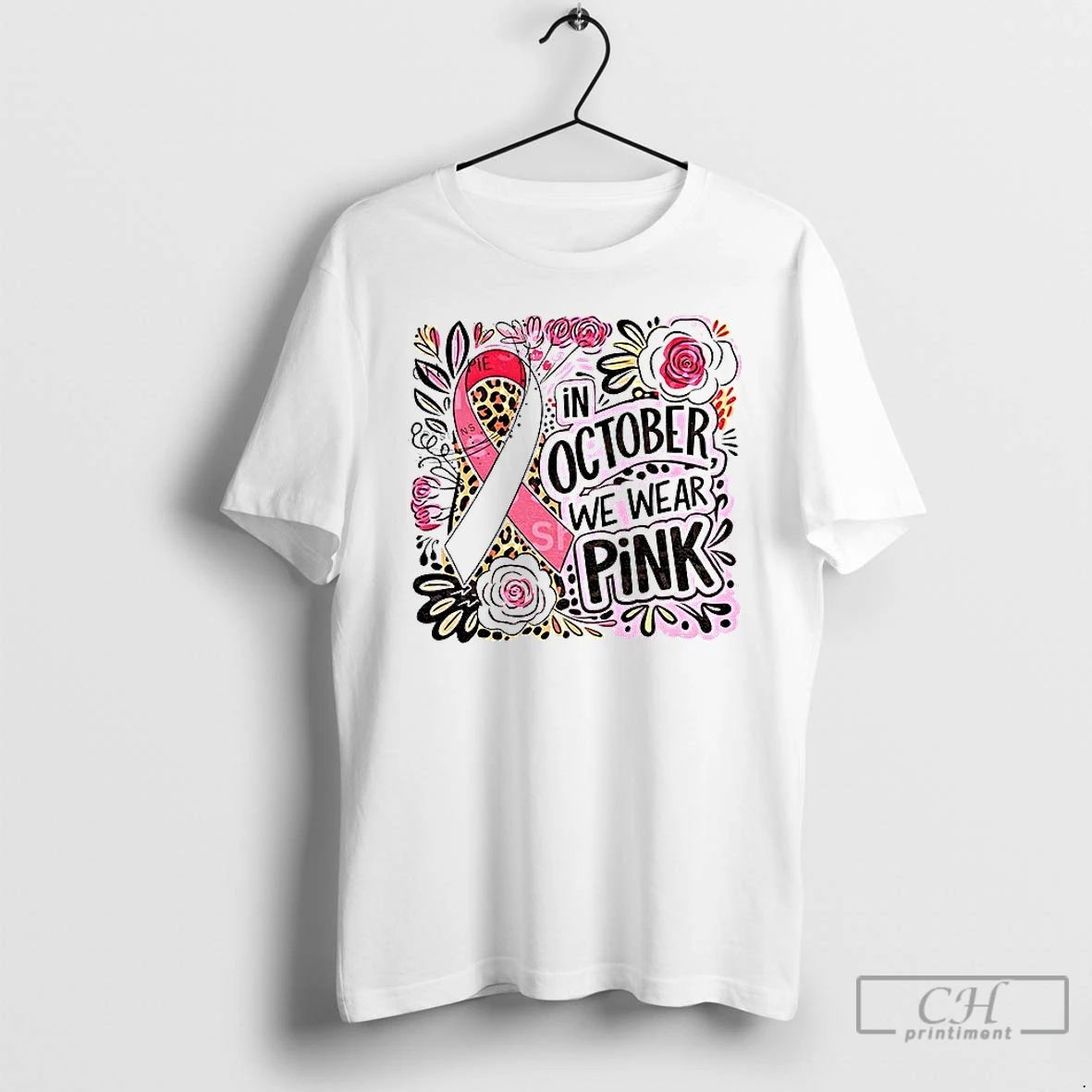 Preppy Breast Cancer Floral In October We Wear Pink T Shirts