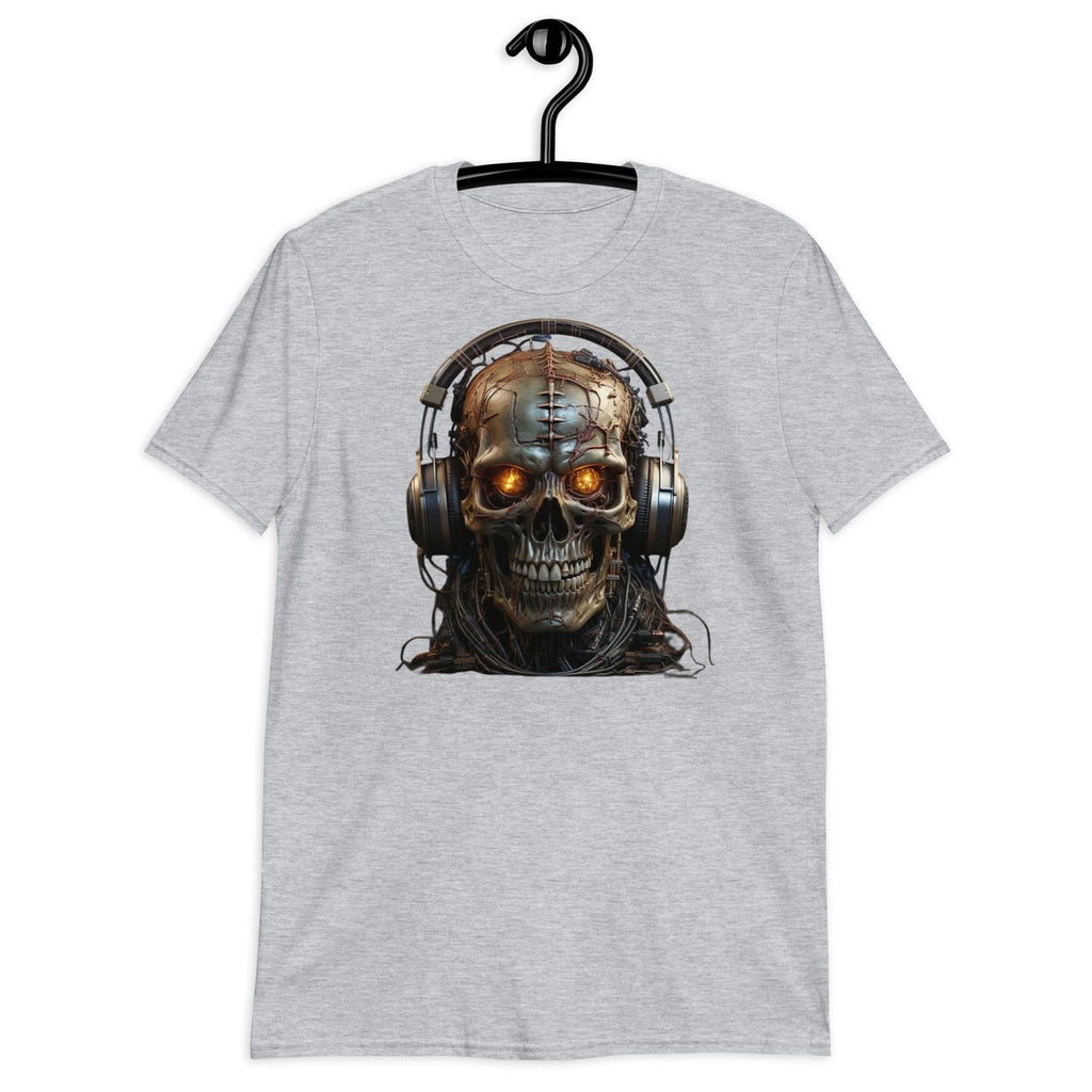 Cyborg Skull with Headset Graphic Print T-Shirt Futuristic Men's Tee