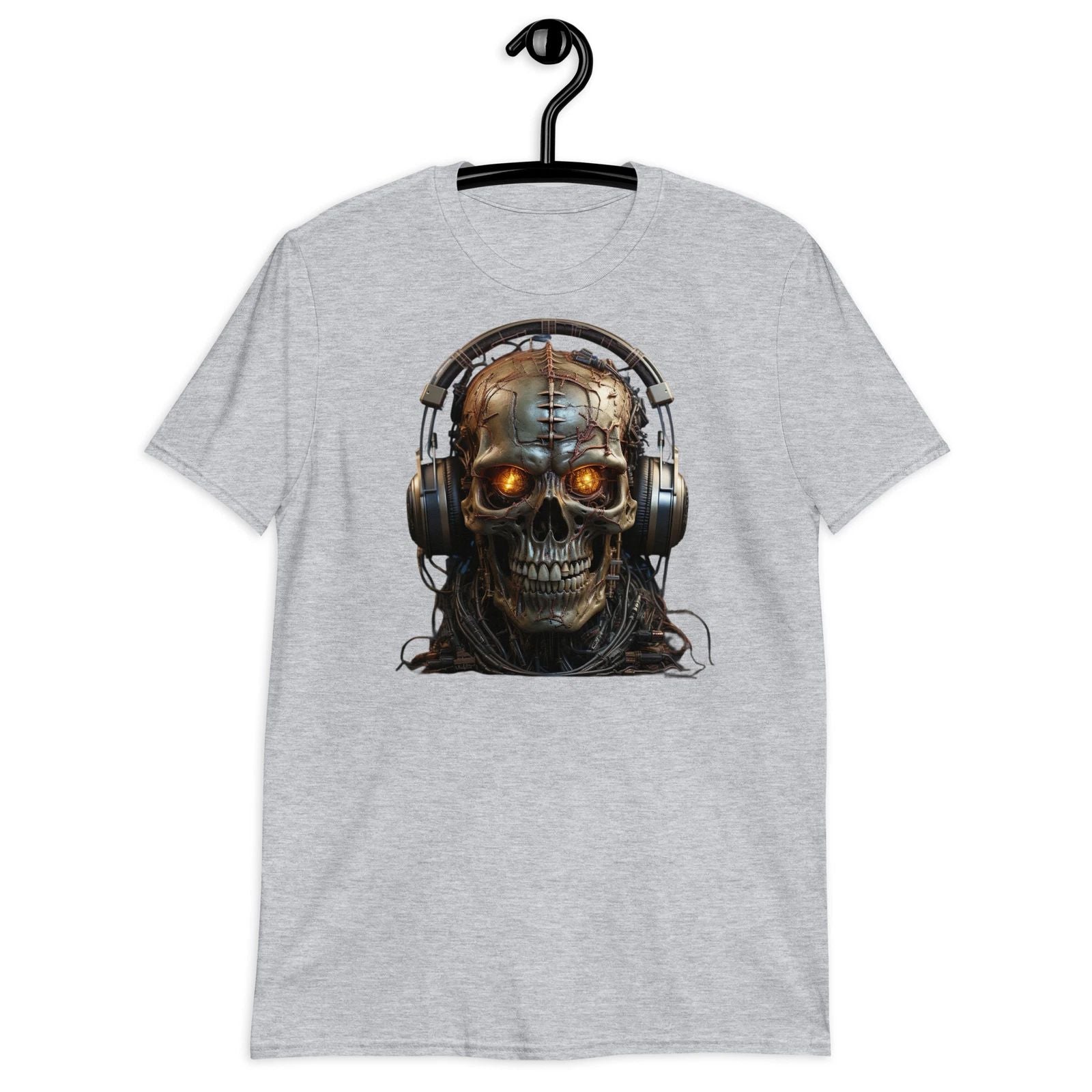 Cyborg Skull with Headset Graphic Print T-Shirt Futuristic Men's Tee