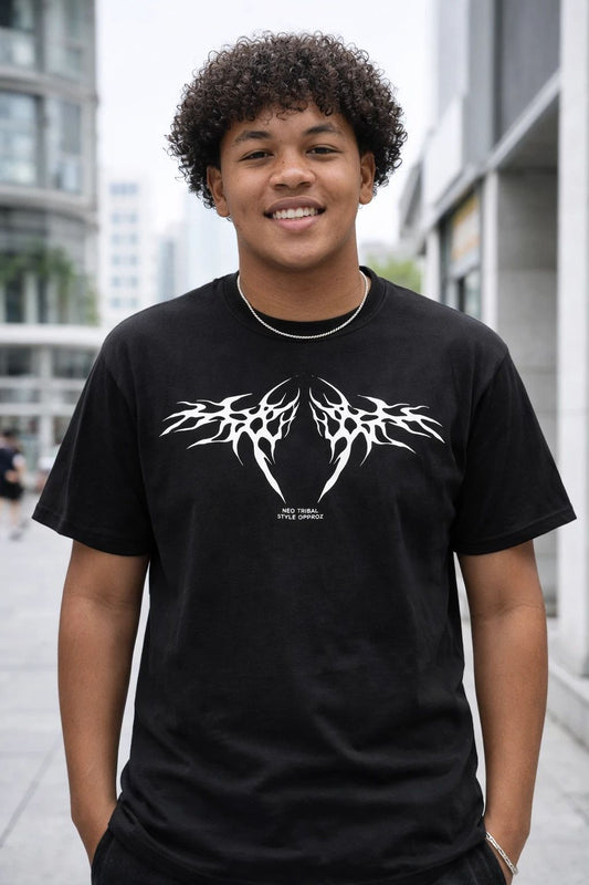 Neo Tribal Graphic T-Shirt Black Abstract Wing Design Streetwear Aesthetic