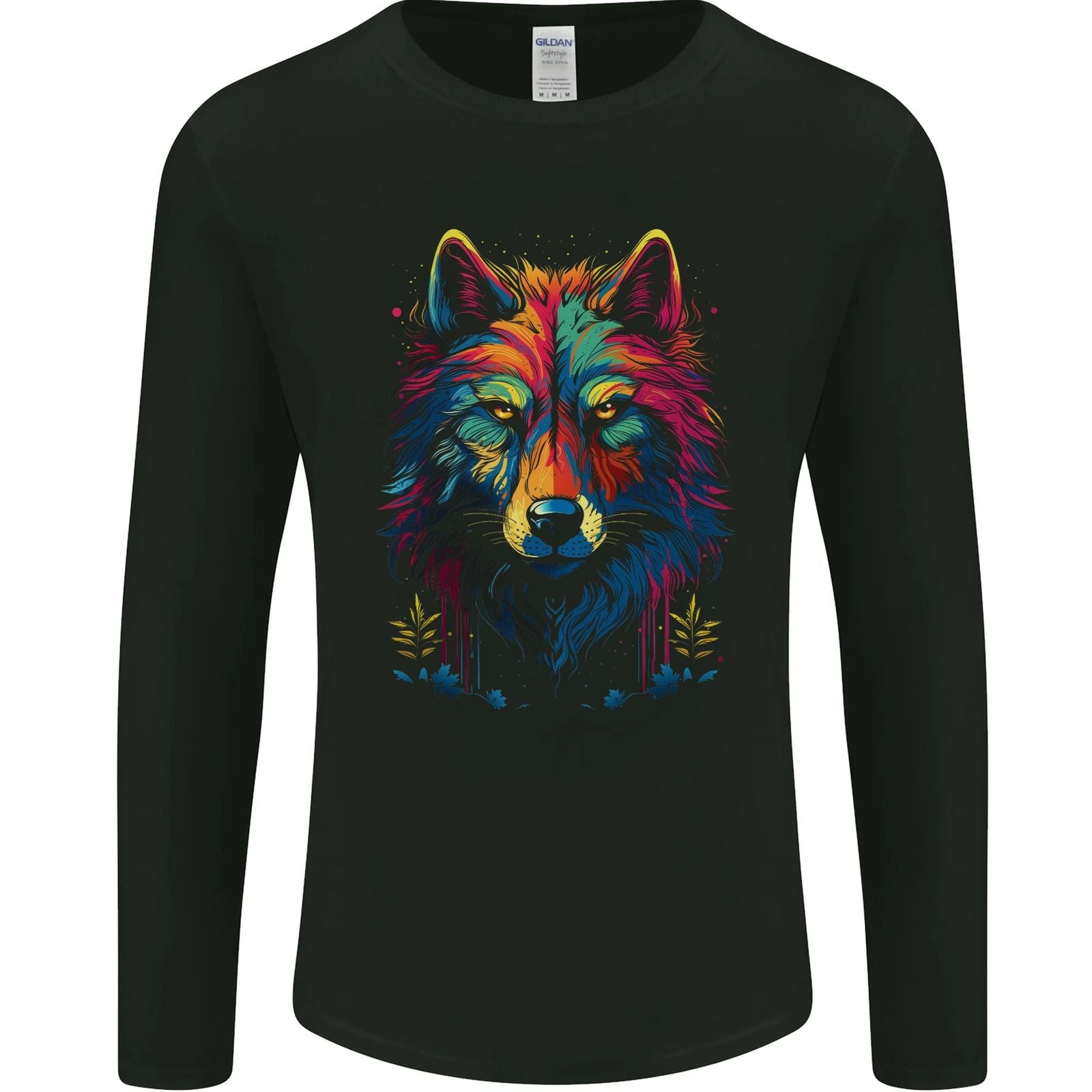 Colourful Fantasy Wolf Face Mens Long Sleeve T-Shirt