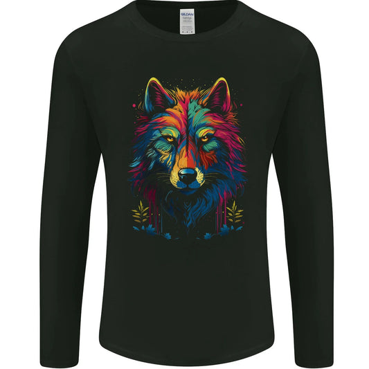 Colourful Fantasy Wolf Face Mens Long Sleeve T-Shirt