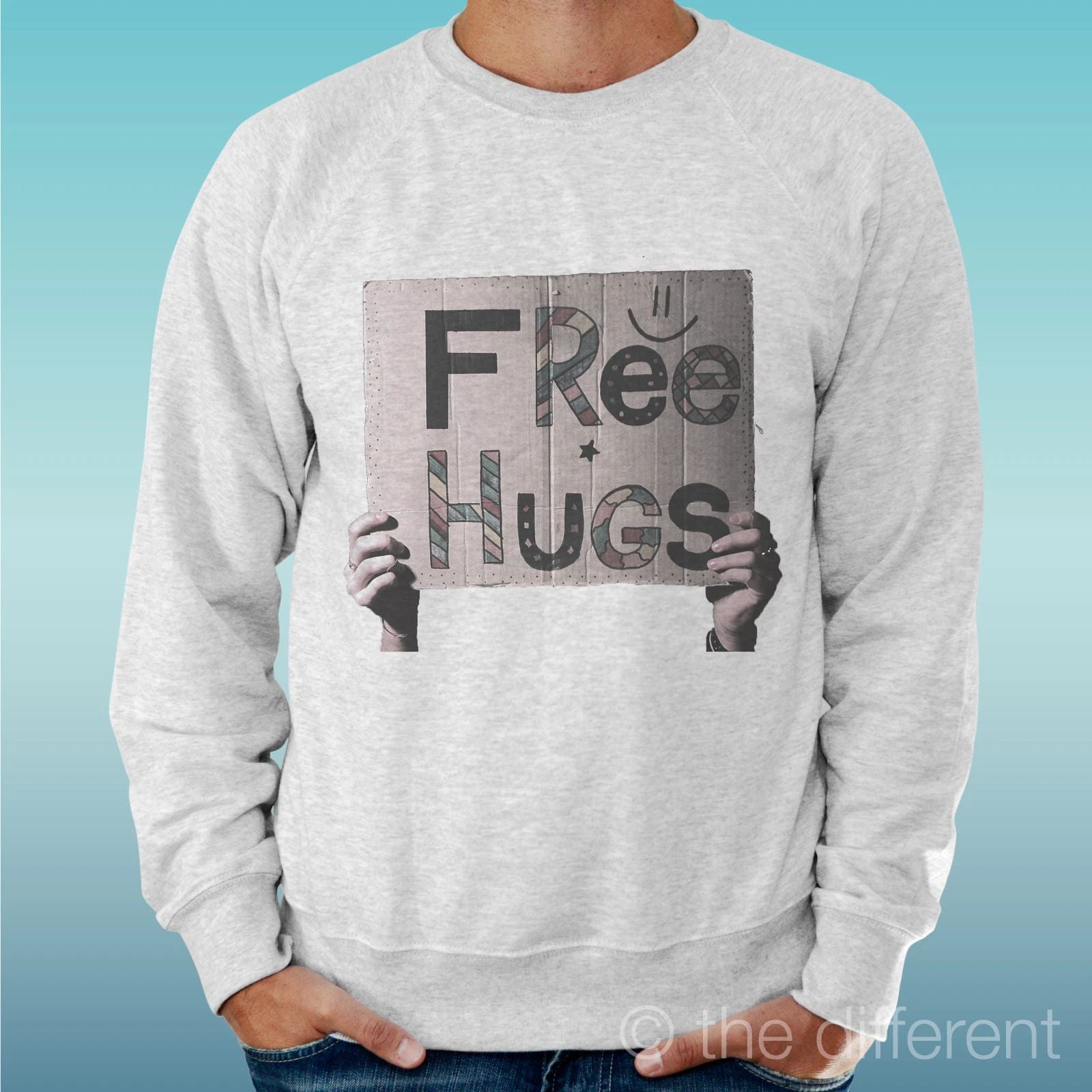 Felpa Man Light Sweater Light Grey " Free Hugs " Road To Happiness