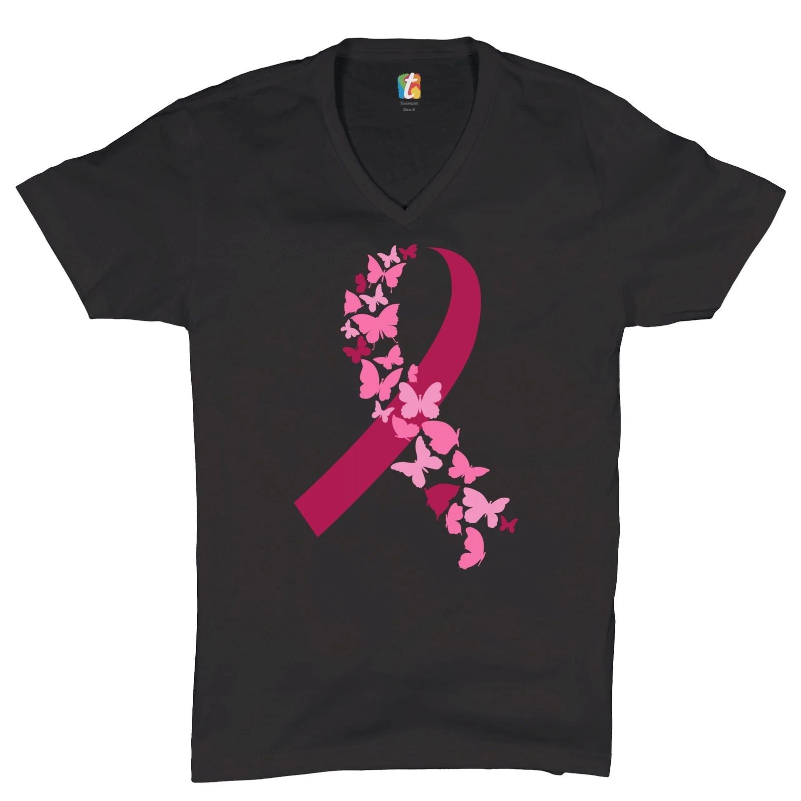 Butterflies Pink Ribbon V-Neck T-shirt Breast Cancer Awareness Hope Tee