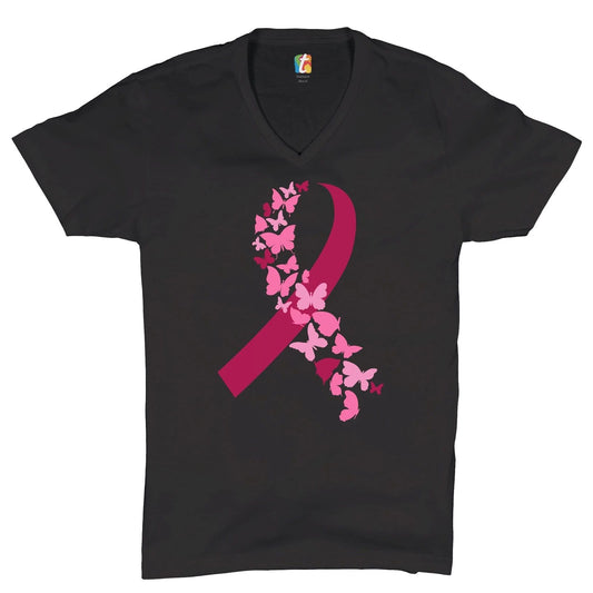 Butterflies Pink Ribbon V-Neck T-shirt Breast Cancer Awareness Hope Tee