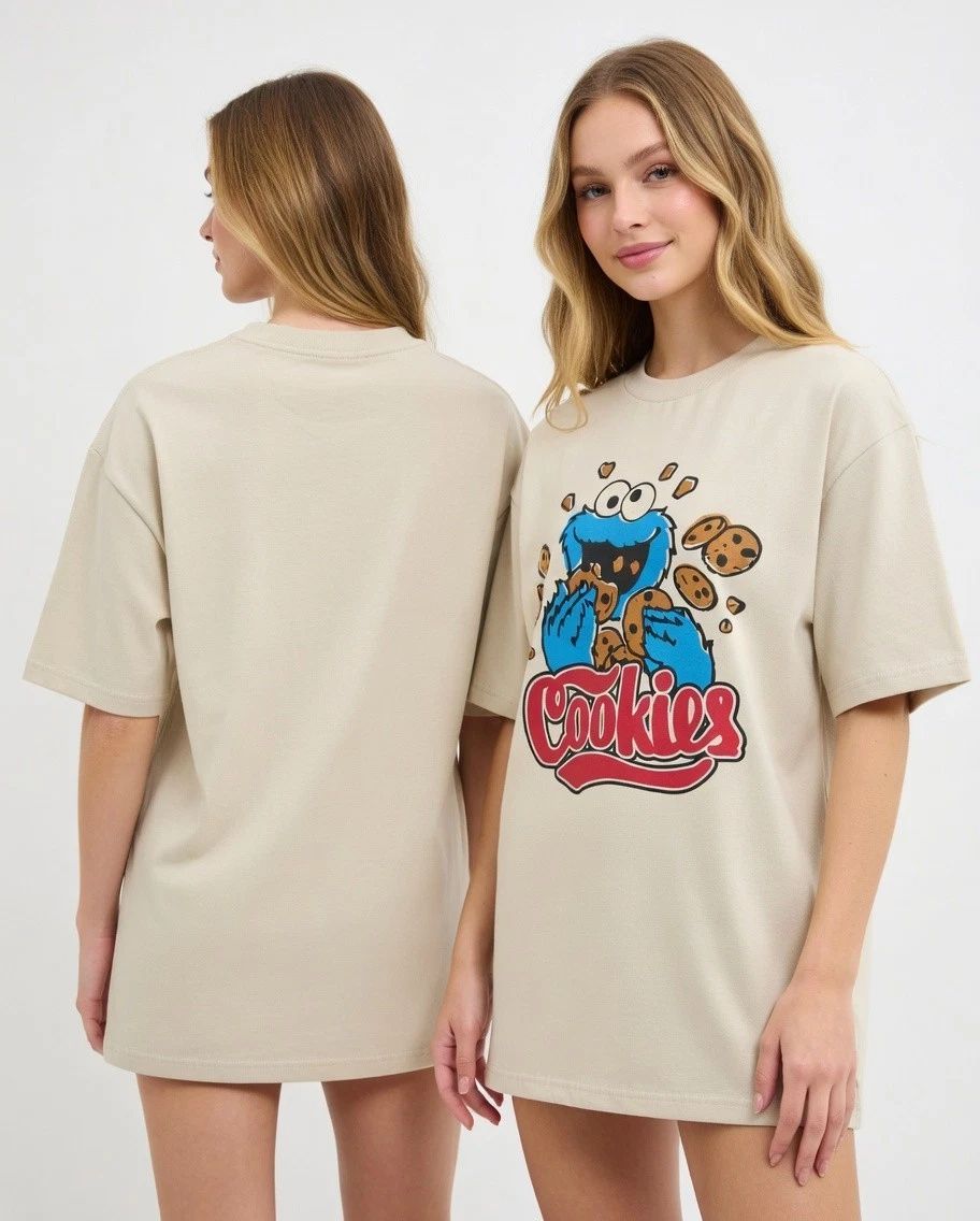 Retro Blue Furry Monster T-Shirt Cute Cookie Lover Graphic Tee Cotton S-5XL