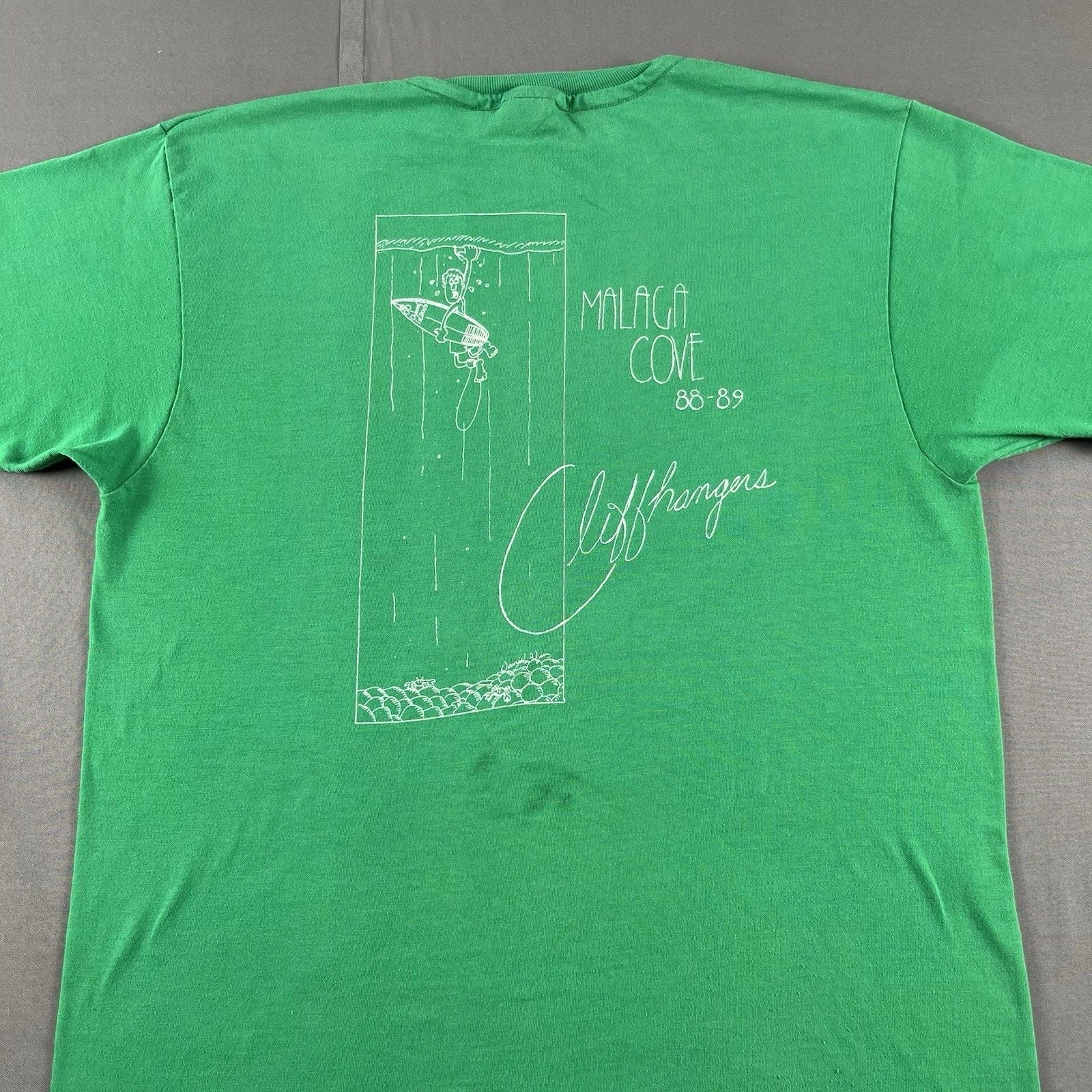 Vintage 80s Malaga Cove Cliffhangers Surf T Shirt Green Hanes Beefy T Size L