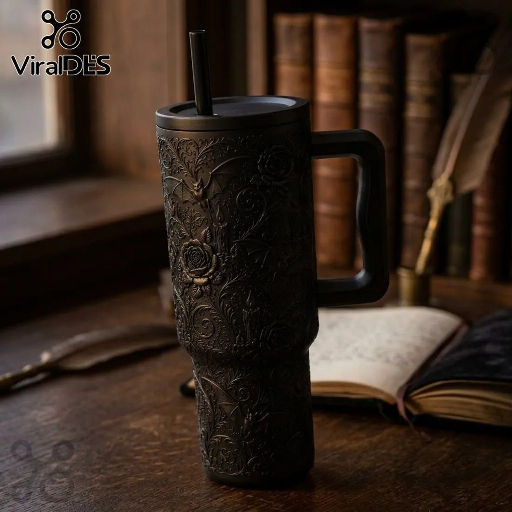 Matte Black Halloween Bat Floral 40oz Tumbler