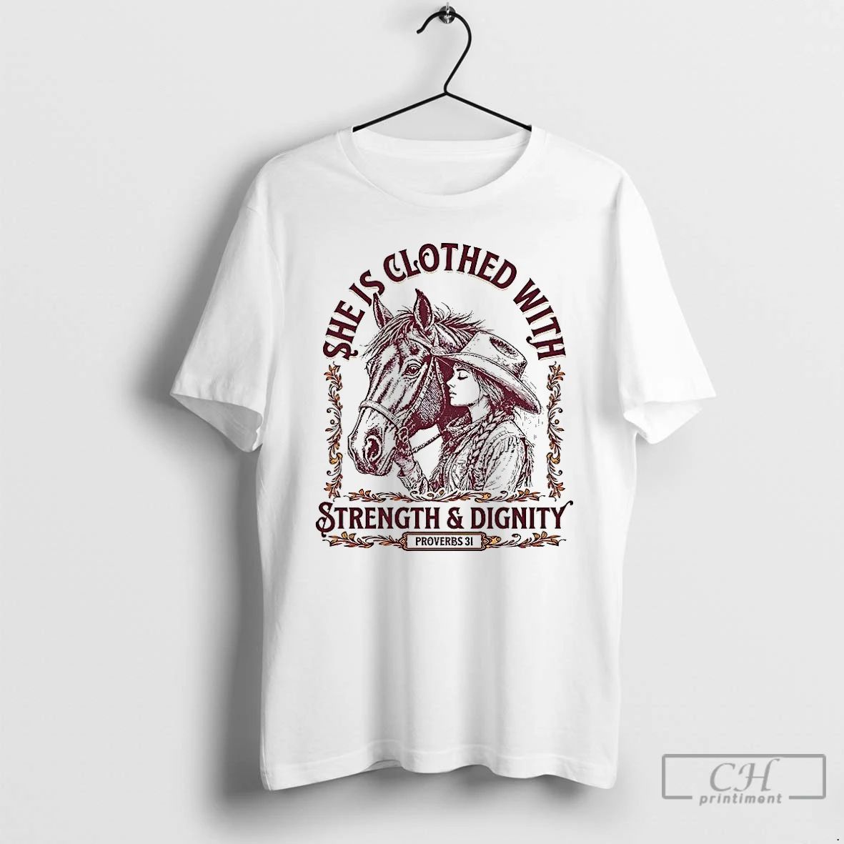 Premium She Is Clothed With Strength And Dignity Proverbs 31 Cowgirl And Horse T Shirts