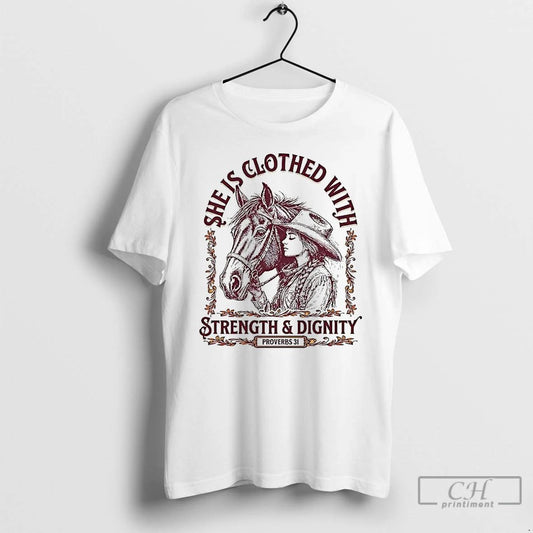 Premium She Is Clothed With Strength And Dignity Proverbs 31 Cowgirl And Horse T Shirts