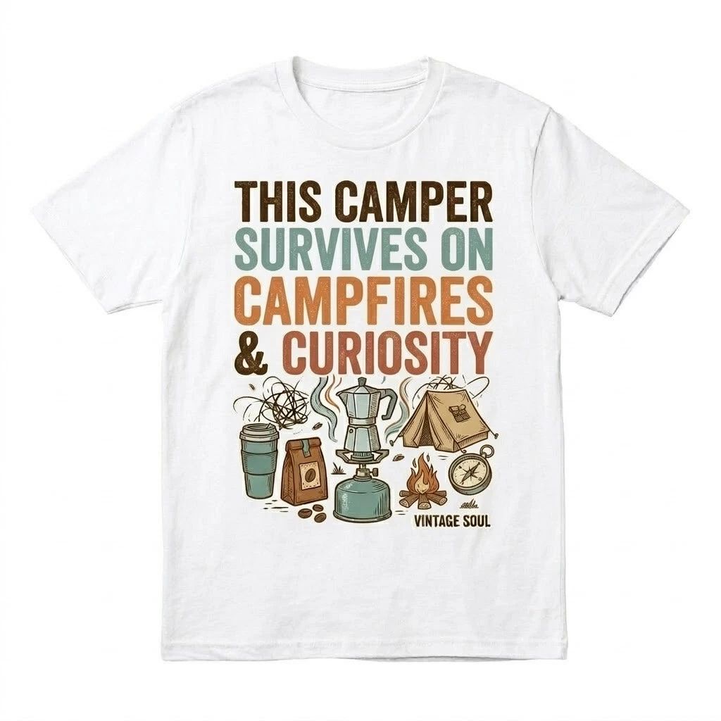 This Camper Survives On Campfires & Curiosity T-Shirt Vintage Soul Camping Tee