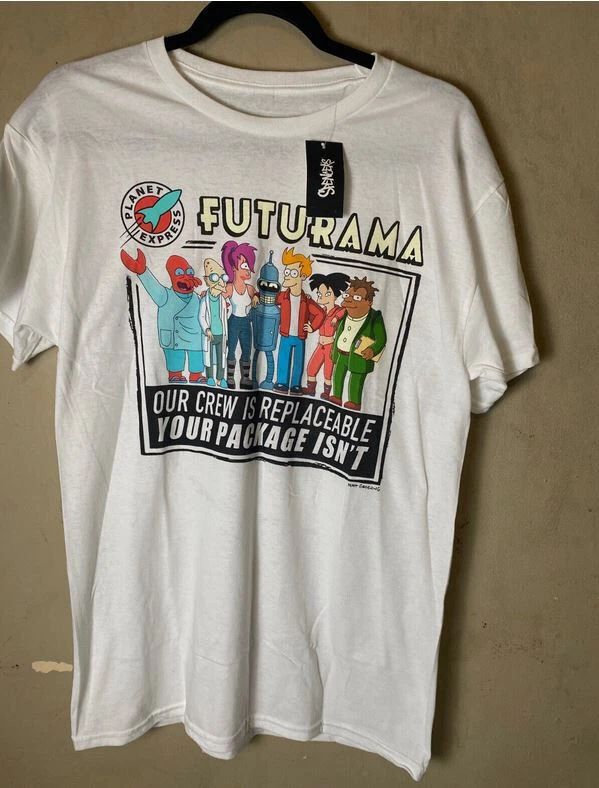 NWT-FUTURAMA "Our crew is replacable, Your package isnt" White Graphic Tee
