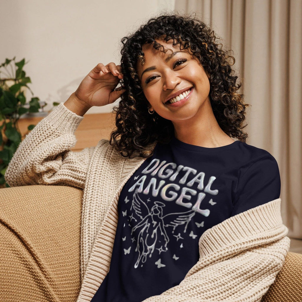 Women's Relaxed T-Shirt, Digital Angel Y2K Cyber Aesthetic Chrome Graphic