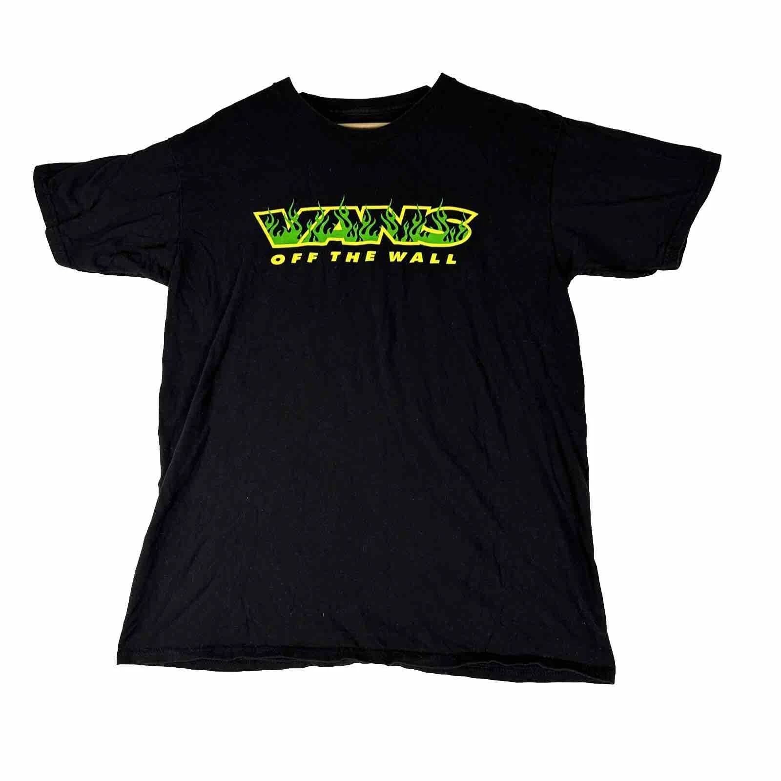 Y2K Vans Off The Wall T-Shirt Mens L Graphic Flaming Logo Black Skateboard