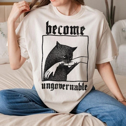 Become Ungovernable Cat Meme Shirt Biting Hand Funny Rebel Graphic Tee