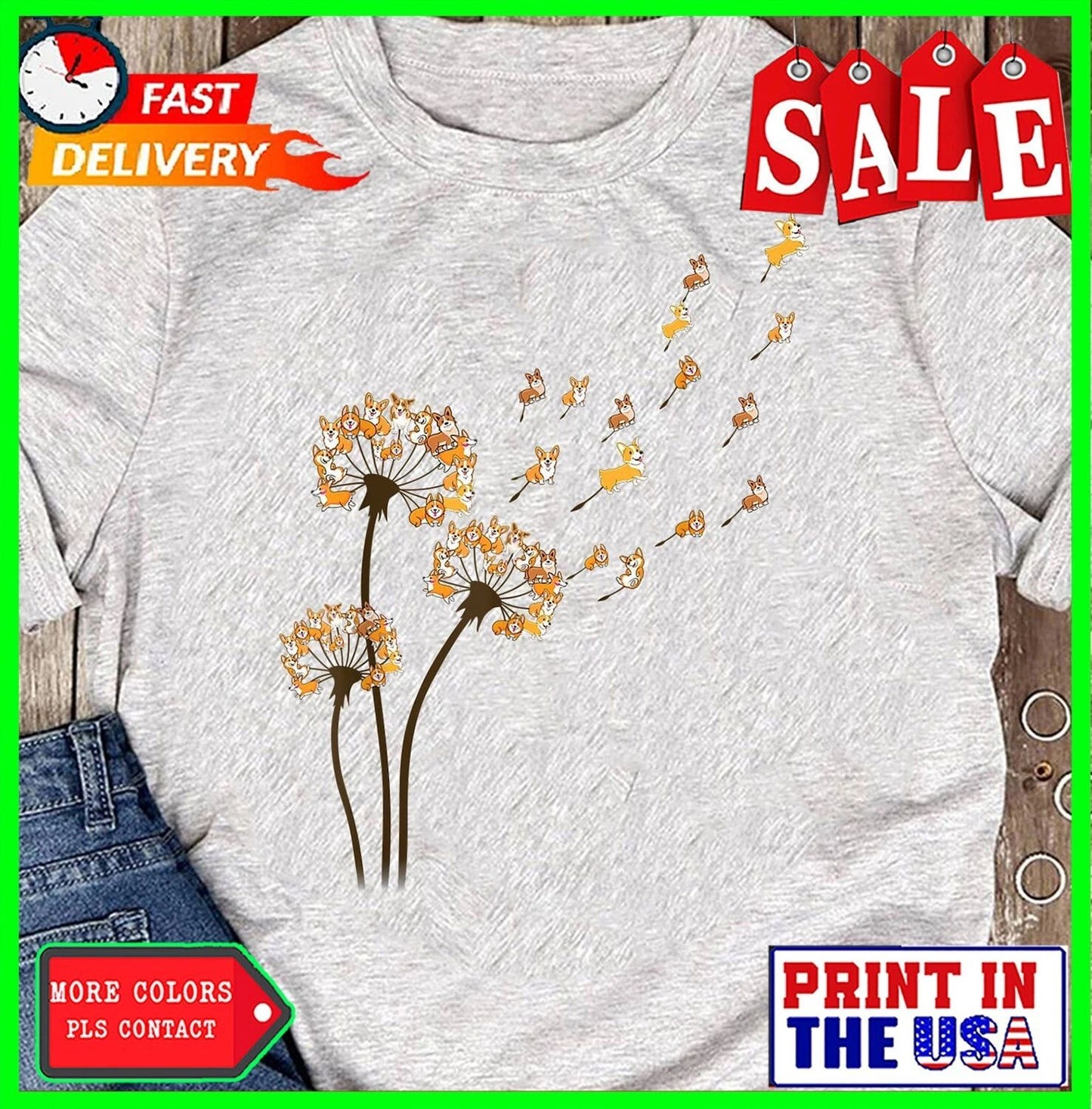 Corgi Flower Fly Dandelion Funny Dog Lover For Mom Men Kids T-Shirt - Gift for D