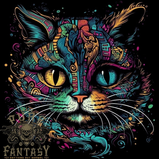 Multicoloured Tribal Fantasy Cat Mens Light Cotton T-Shirt