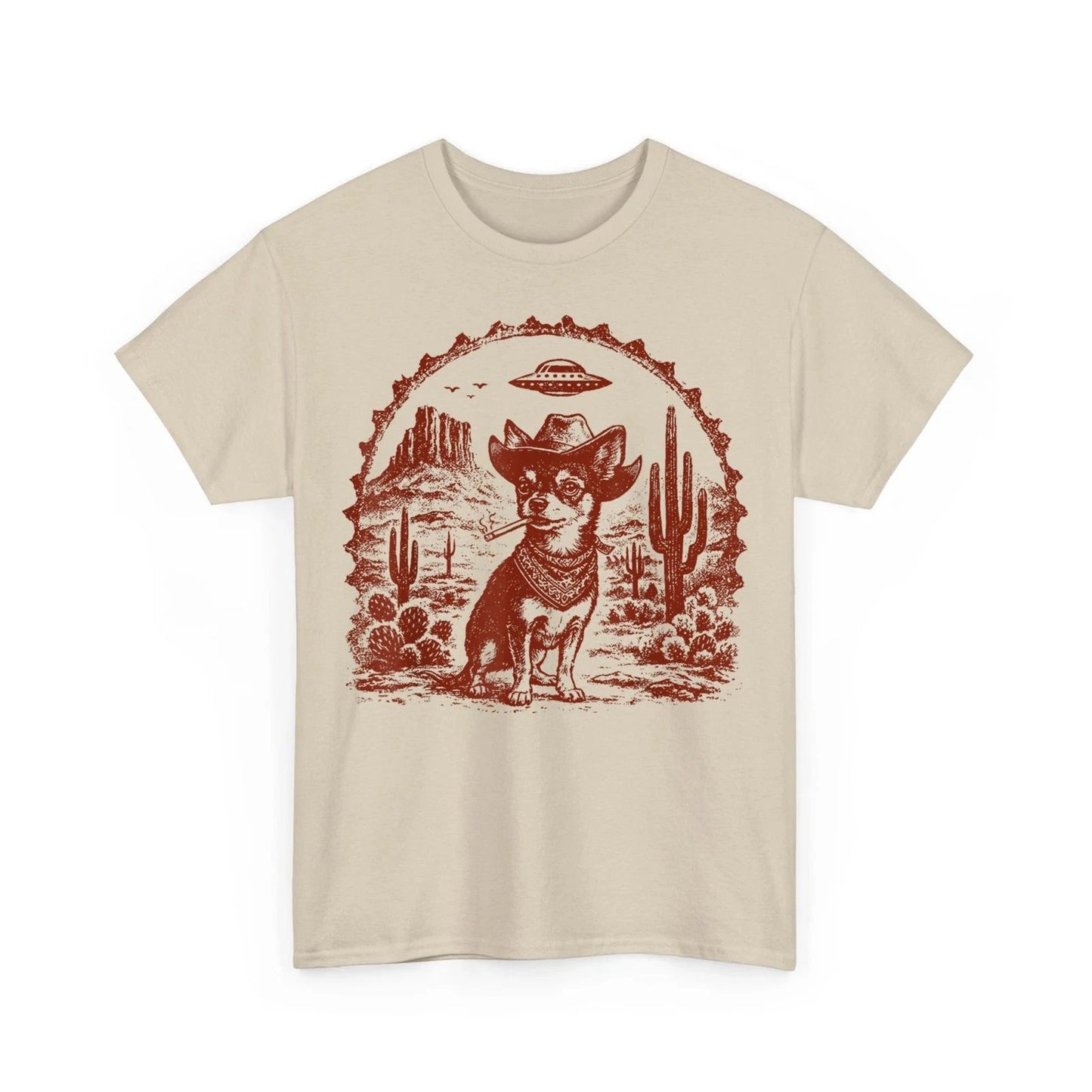 Western Cowboy Dog Smoking with UFO Chihuahua Dog Funny Unisex T-Shirt