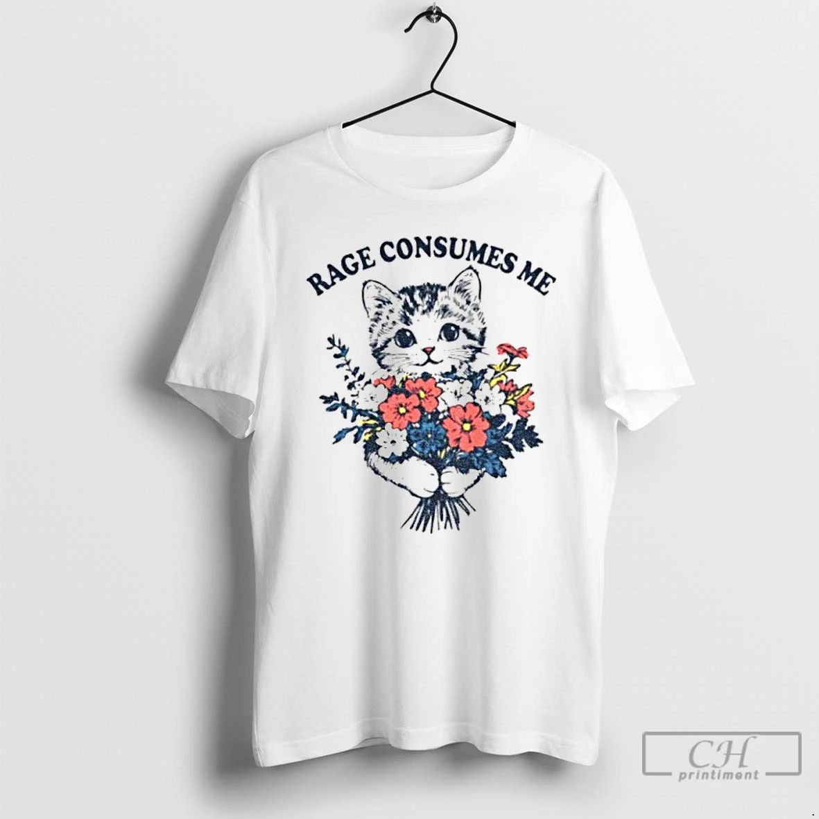 Classic Cat Holding Flower Rage Consumes Me Vintage T Shirts