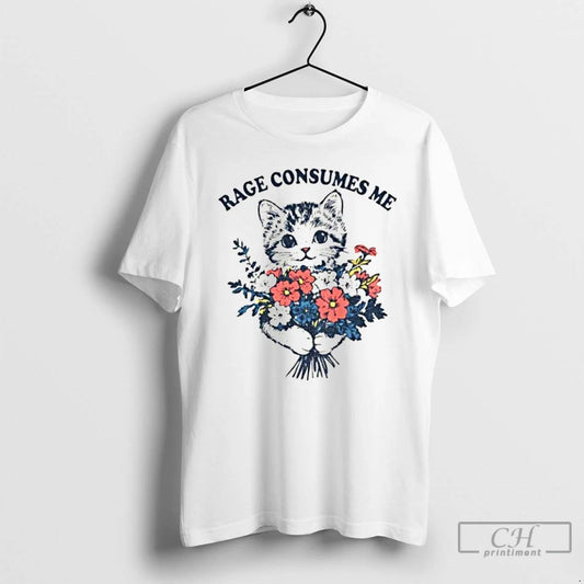 Classic Cat Holding Flower Rage Consumes Me Vintage T Shirts