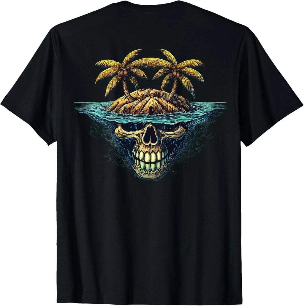 On Back | Cool Island Palm Trees Skull Beach Pirate Nautical T-Shirt