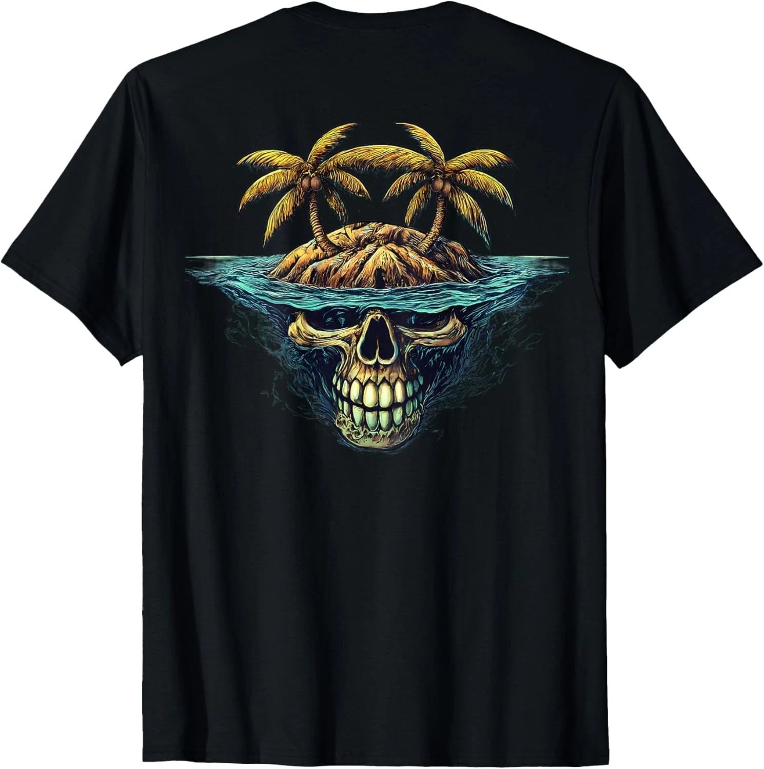 On Back | Cool Island Palm Trees Skull Beach Pirate Nautical T-Shirt