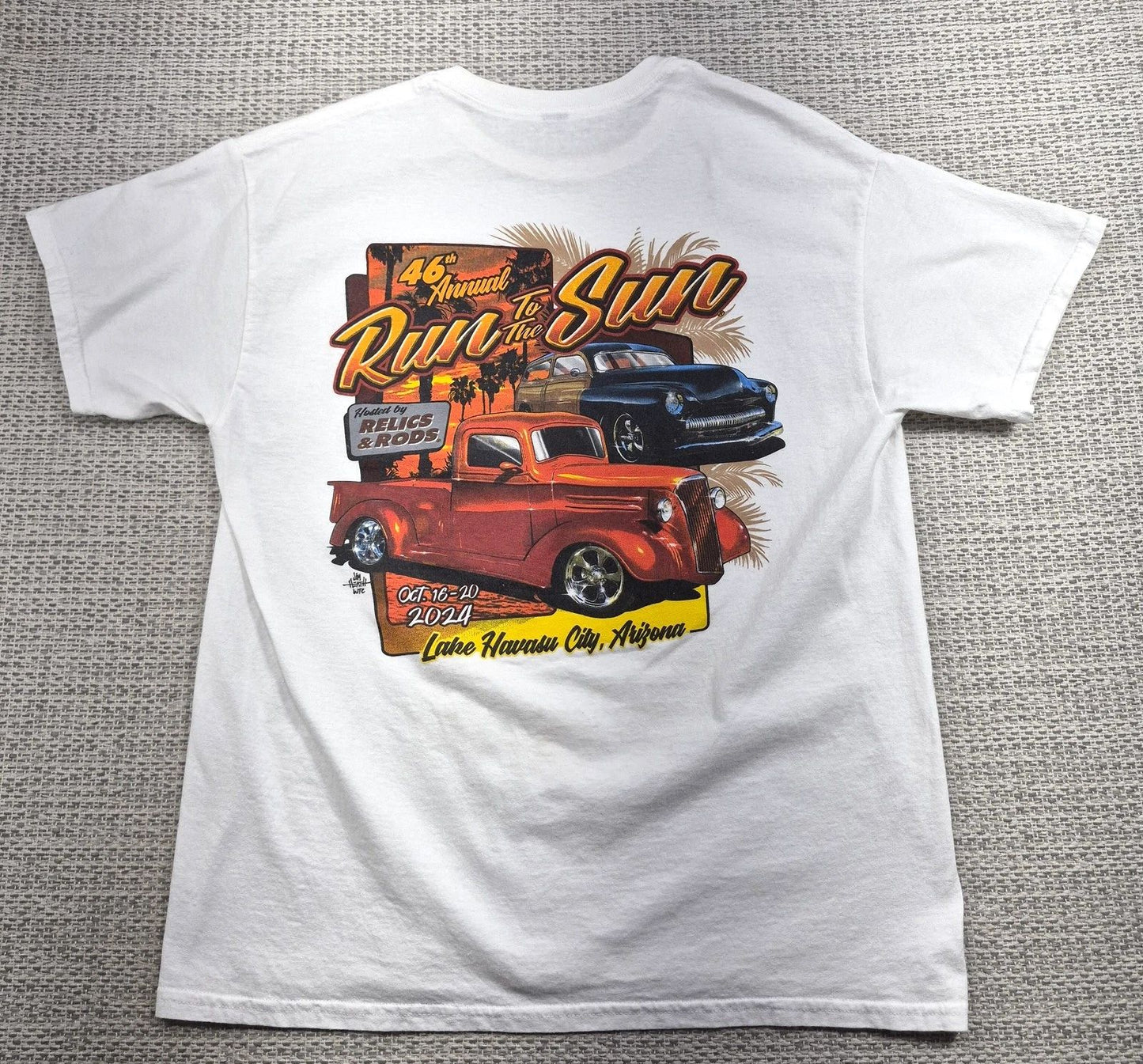 Run To The Sun 2024 Shirt Mens Large White Lake Havasu Hot Rod Graphic Tee