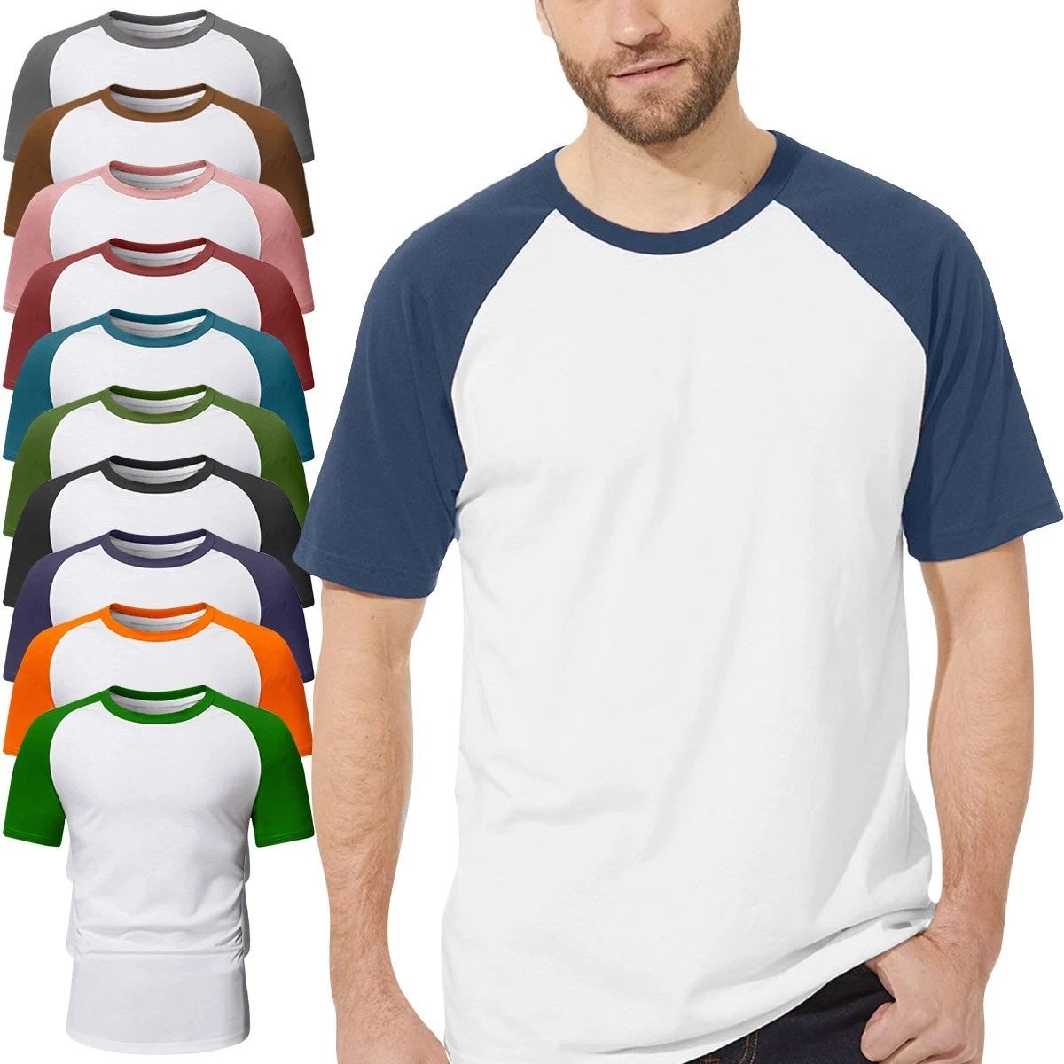Mens Raglan Short Sleeve T-Shirt FOLT Contrast Baseball 100% Cotton New Tee Top