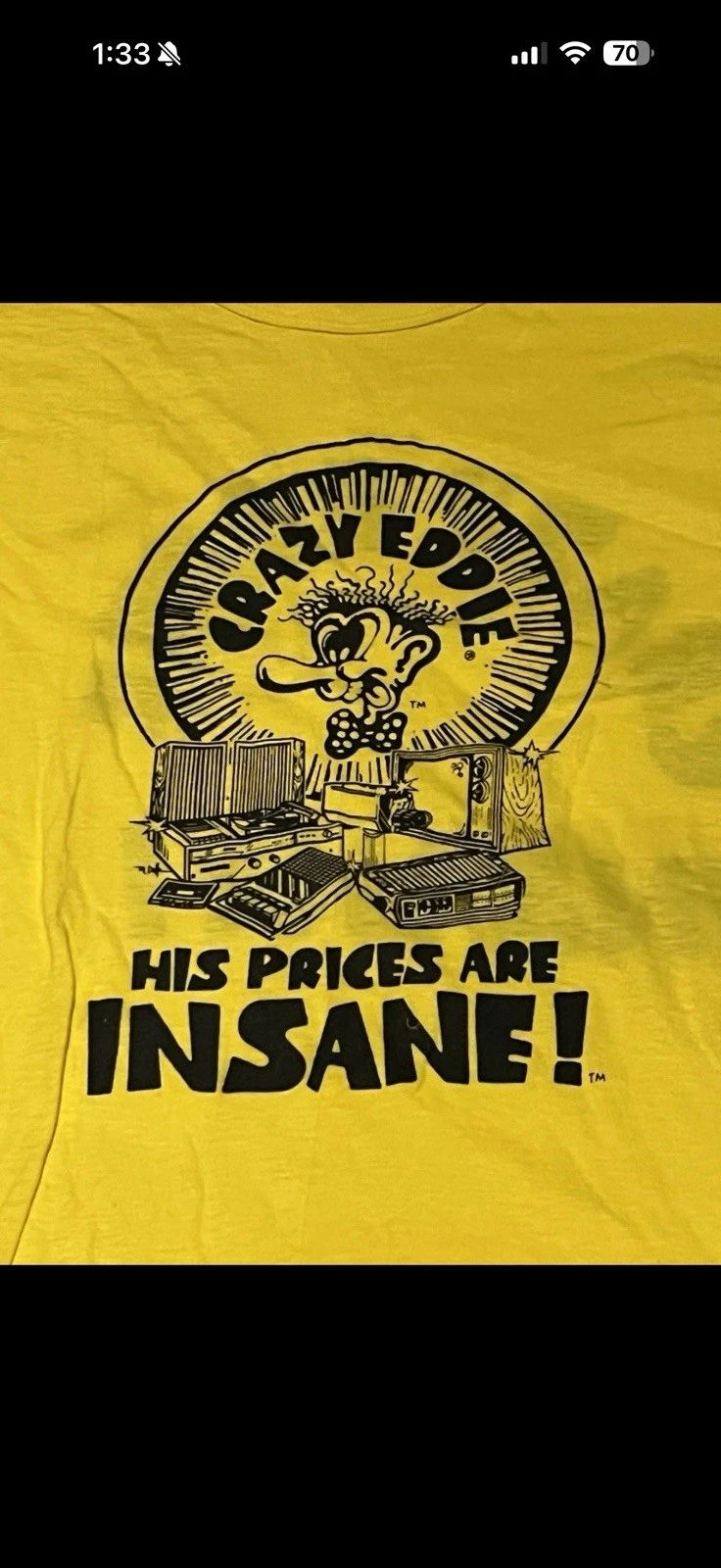 Crazy Eddie Vintage T Shirt Yellow Size Large