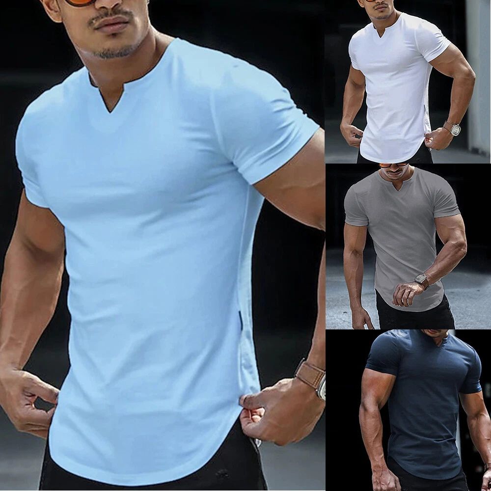 Men V-Neck Henley T-Shirt Tops Short Sleeve Slim Fit Golf Muscle Casual Blouse⇔