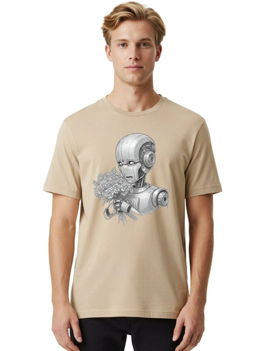Robot-With-Flowers-2 Mens Graphic Tee, 100% Cotton, Casual Summer Wear