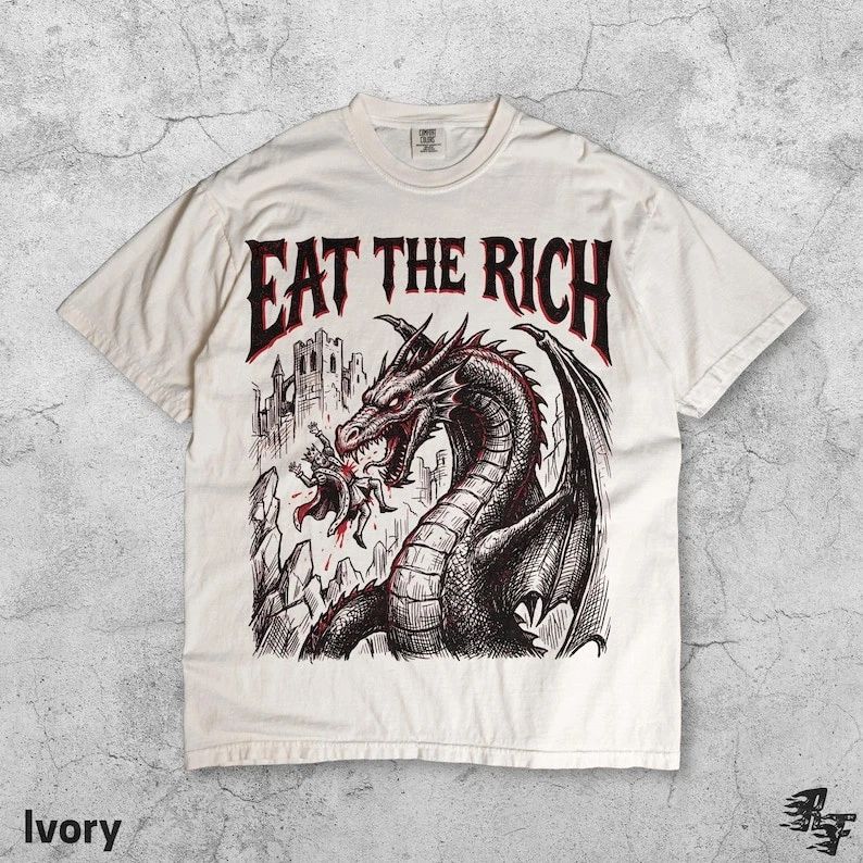 Eat The Rich Dragon Graphic T-Shirt, Vintage 90s Style Fantasy Tee
