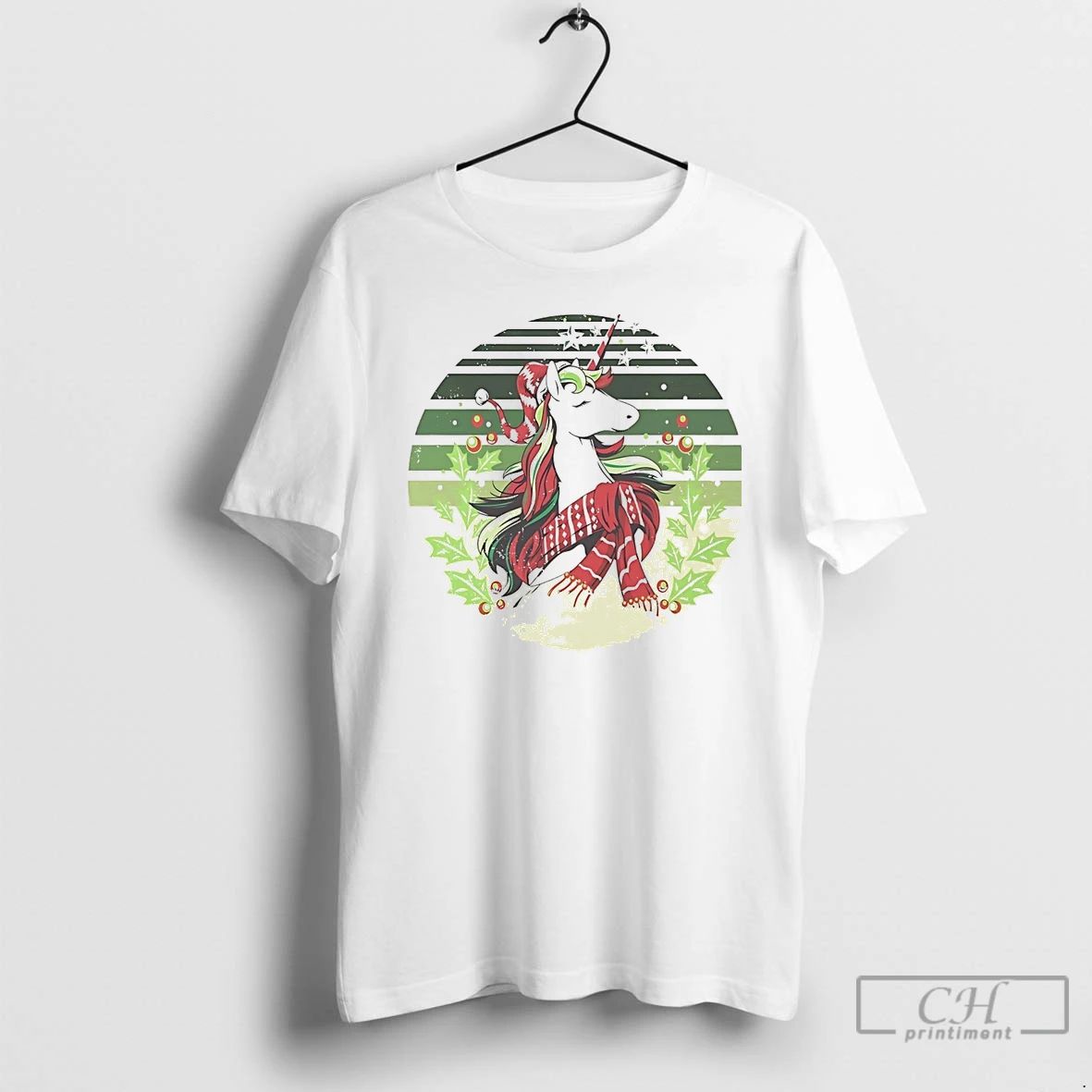 Classic Unicorn Elegant Green Scarf Christmas White T Shirts