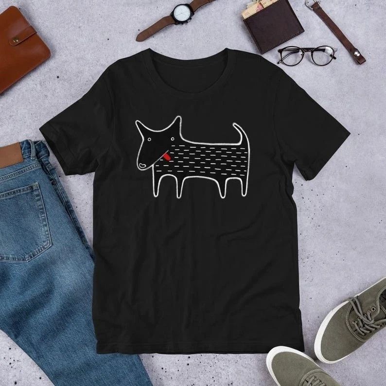 Black Dog T-Shirt, Kawaii Folk Art Animal Graphic Tee, Funny Dog Lover Gift