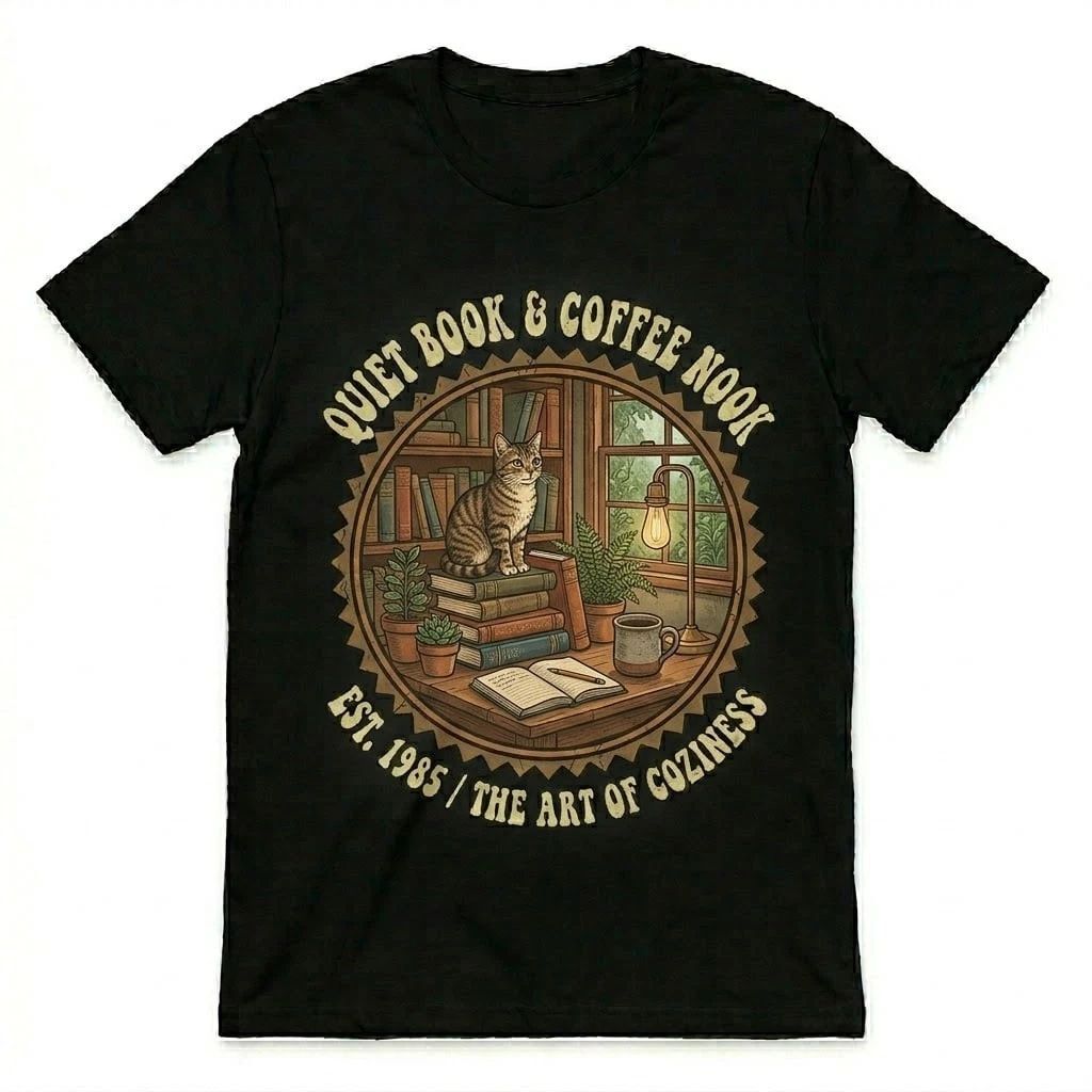Quiet Book & Coffee Nook T-Shirt Vintage Cat Lover Gift Retro 1985 Bookworm Tee