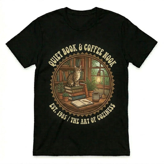 Quiet Book & Coffee Nook T-Shirt Vintage Cat Lover Gift Retro 1985 Bookworm Tee