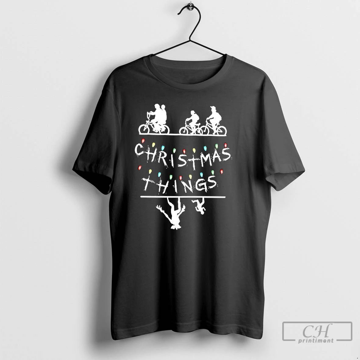 Premium Merry Christmas String Lights Upside Down Silhouette Retro T Shirts