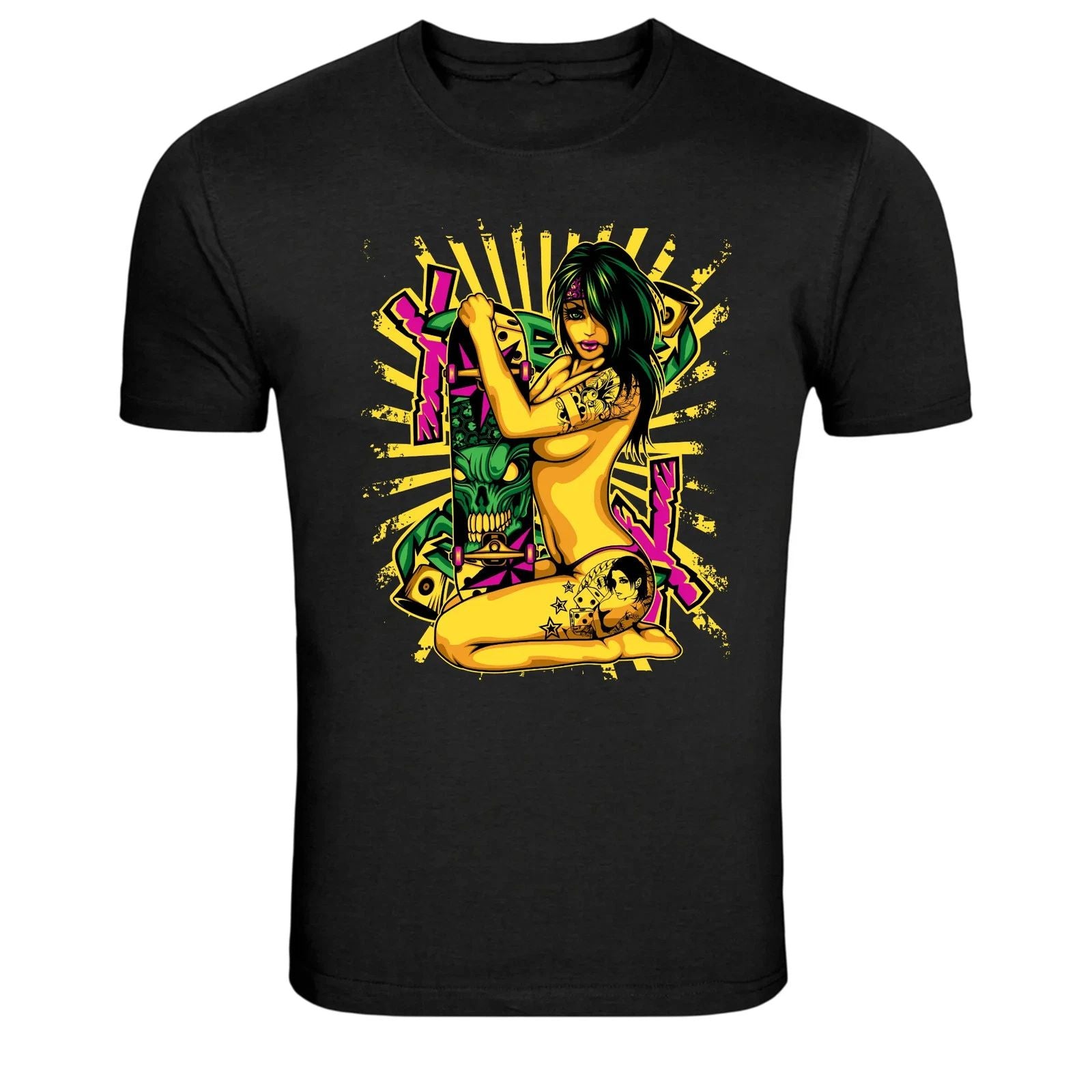 Skateboard Tattoo Girl Pinup Street Style Graphic T-Shirt