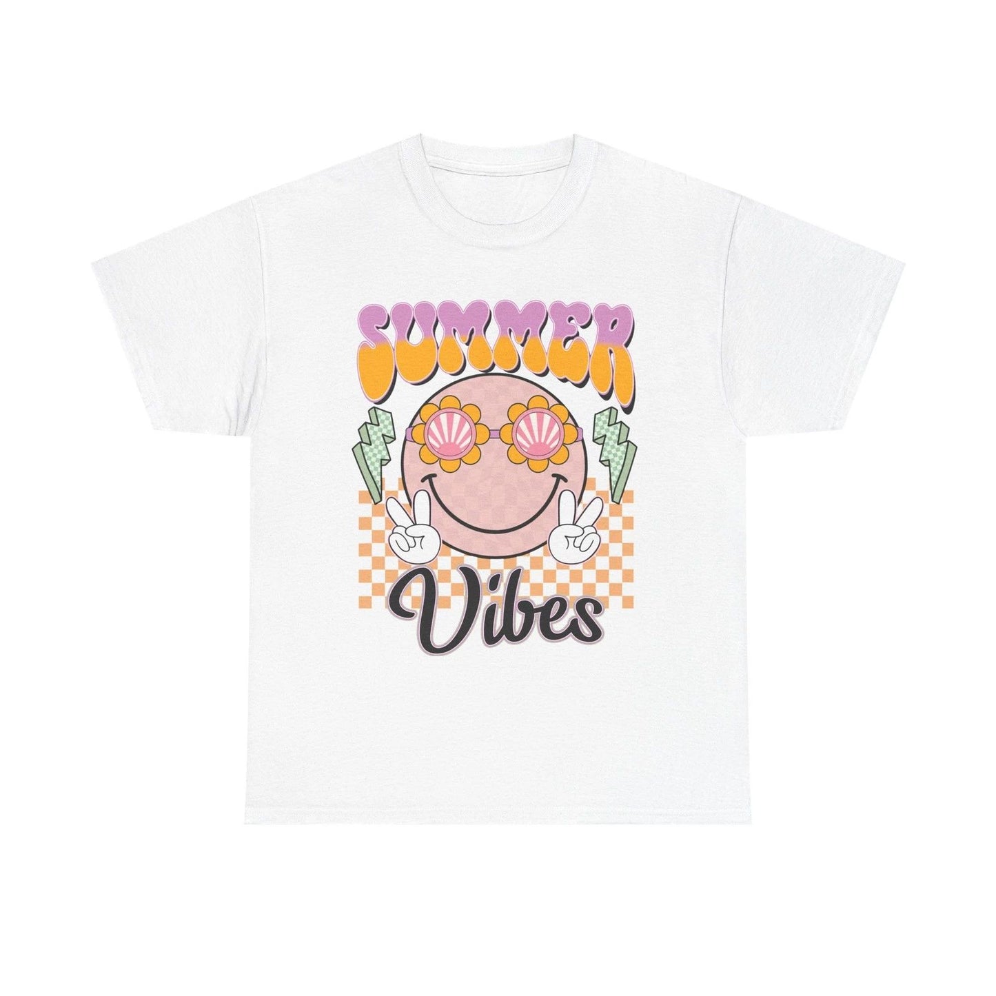 Summer Vibes Smiley T-Shirt | Retro Shell Sunglasses, Peace Signs