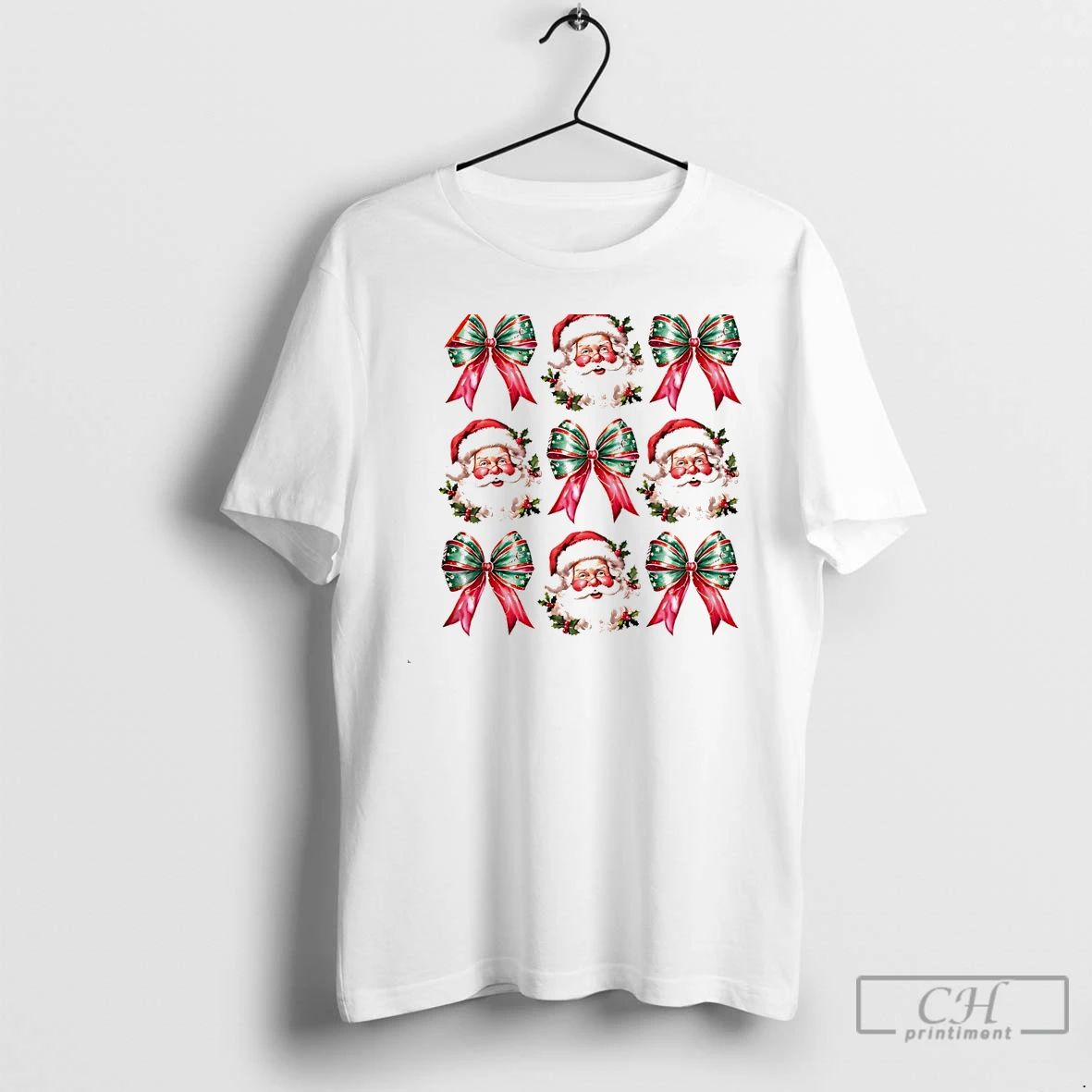 Classic Santa And Christmas Bow Pattern Holiday White T Shirts