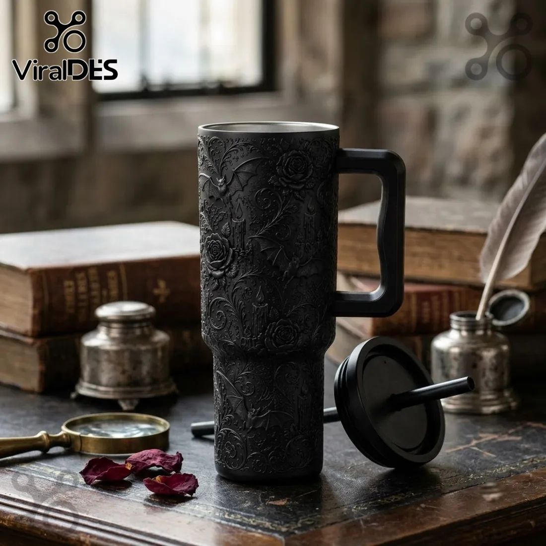 Matte Black Halloween Bat Floral 40oz Tumbler