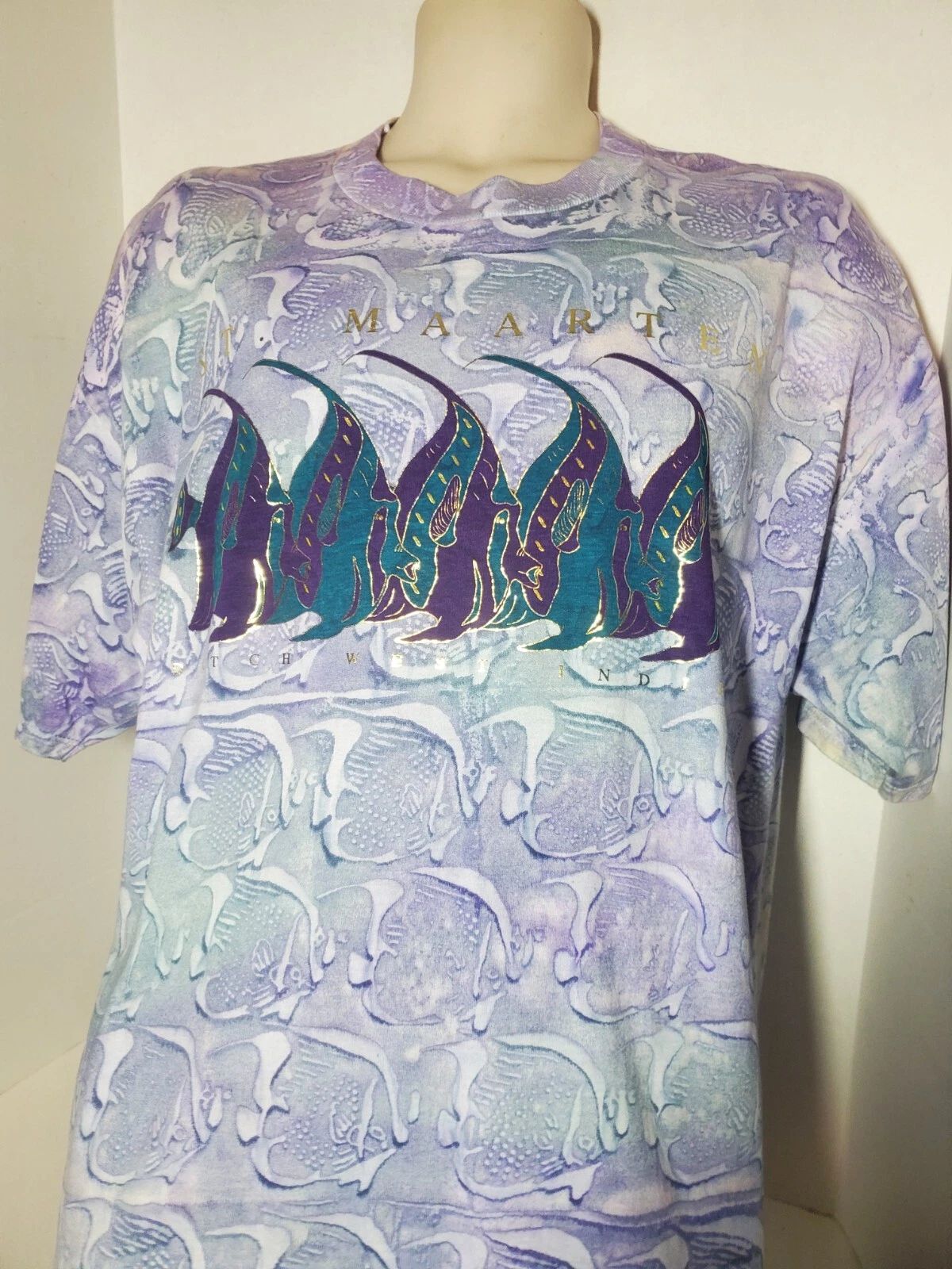 St Maarten T-shirt Fish Watercolor Tie Dye Vapourwave Aesthetic 90s Purple Sz XL
