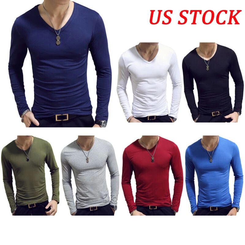 Mens Casual Slim Fit V Neck Long Sleeve T Shirt Muscle Workout Tee Top AU