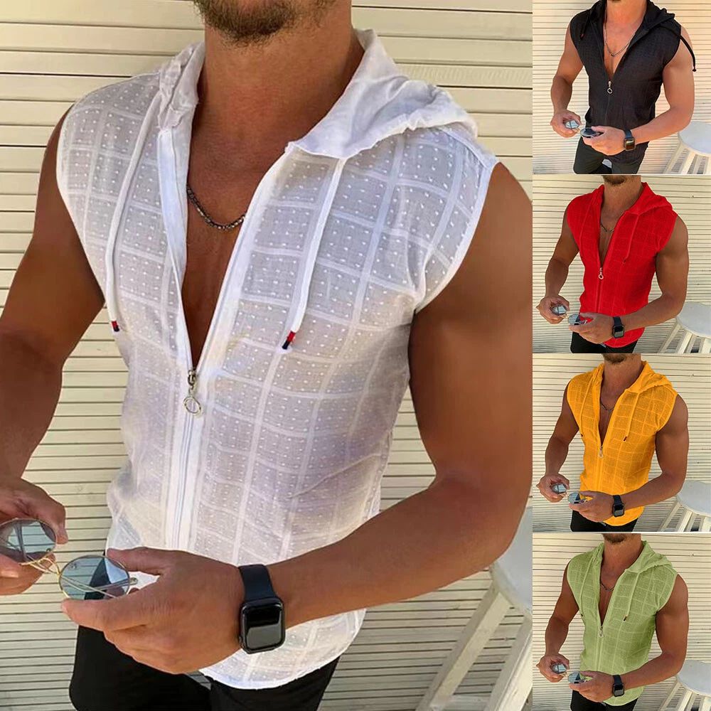 Mens Sleeveless Vest Casual Tank Top T-Shirt Summer Hooded Vest ✨ ∧