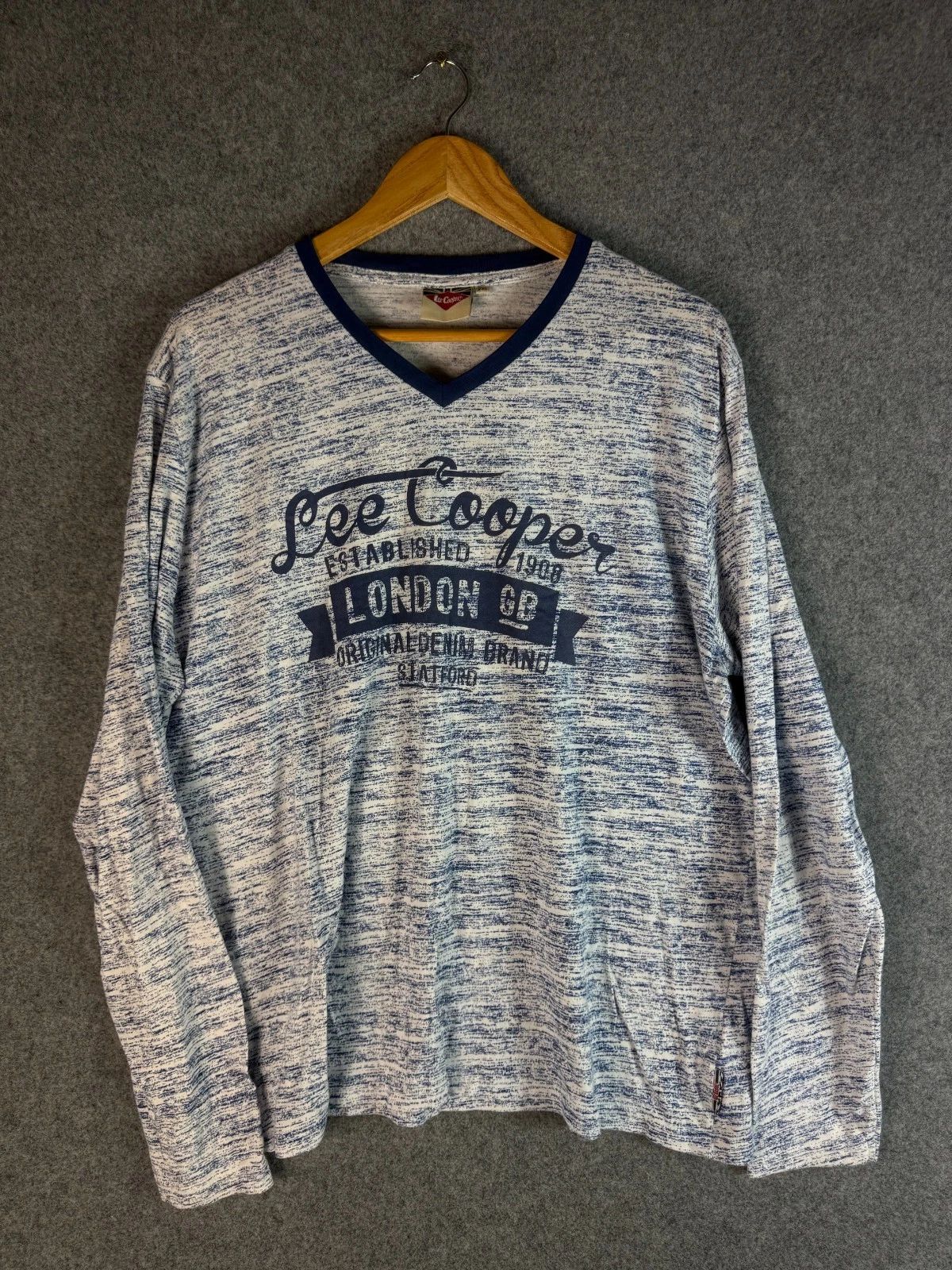Lee Cooper T Shirt Mens Size 2XL Blue Regular Fit Long Sleeve V Neck Cotton Logo